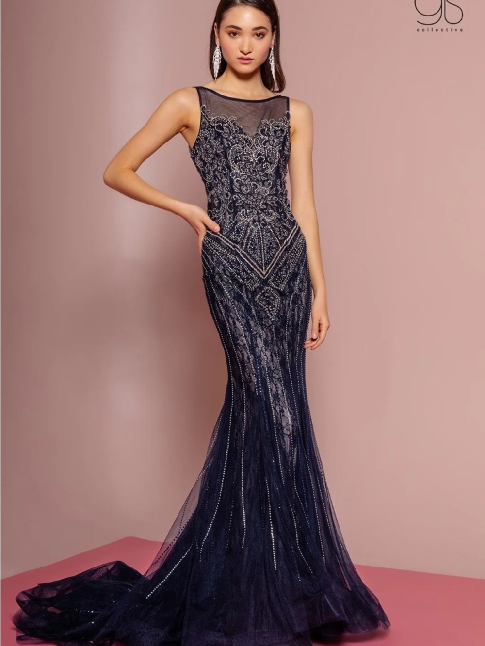 GLS Collective Navy Beaded Illusion Mermaid Gown